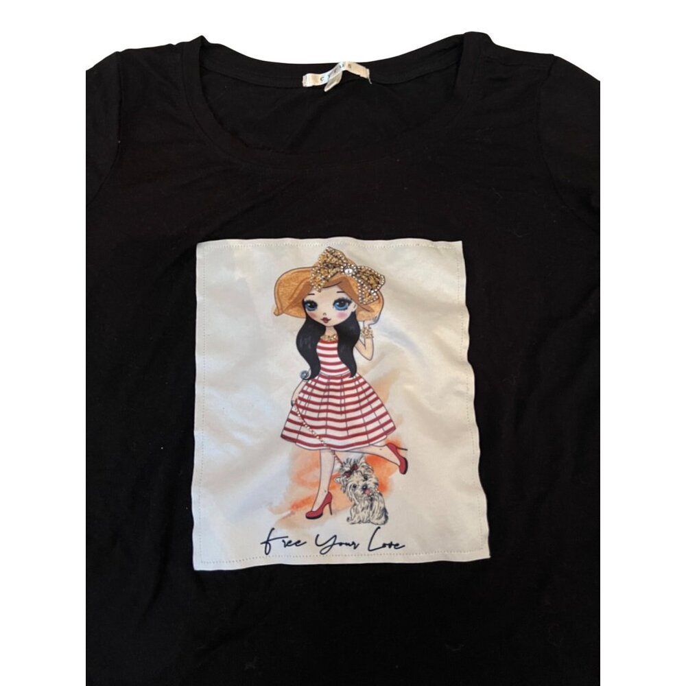 Cyrus Black Short Sleeve Graphic Tee Cartoon Girl & Dog Print Women's Size L Top - Picture 2 of 5